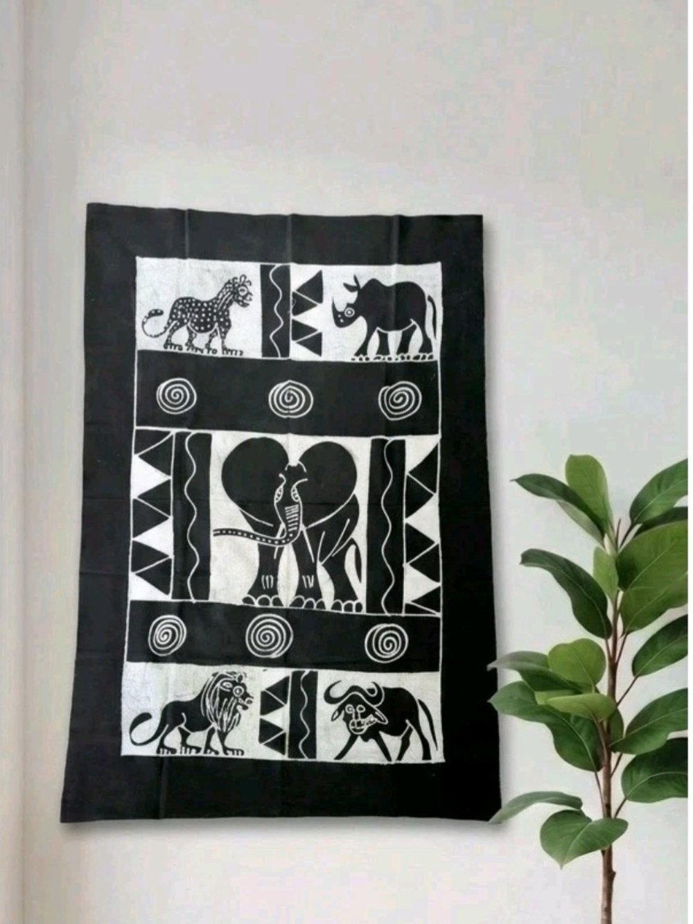 Large Black and White Elephant & Safari Animal Wall Tapestry